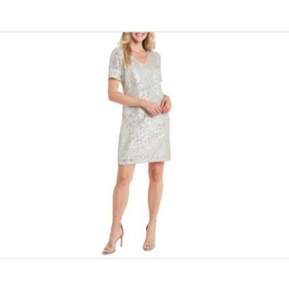 CeCe Champagne Sequin V-Neck Midi Short Sleeve Dress L - Picture 1 of 8
